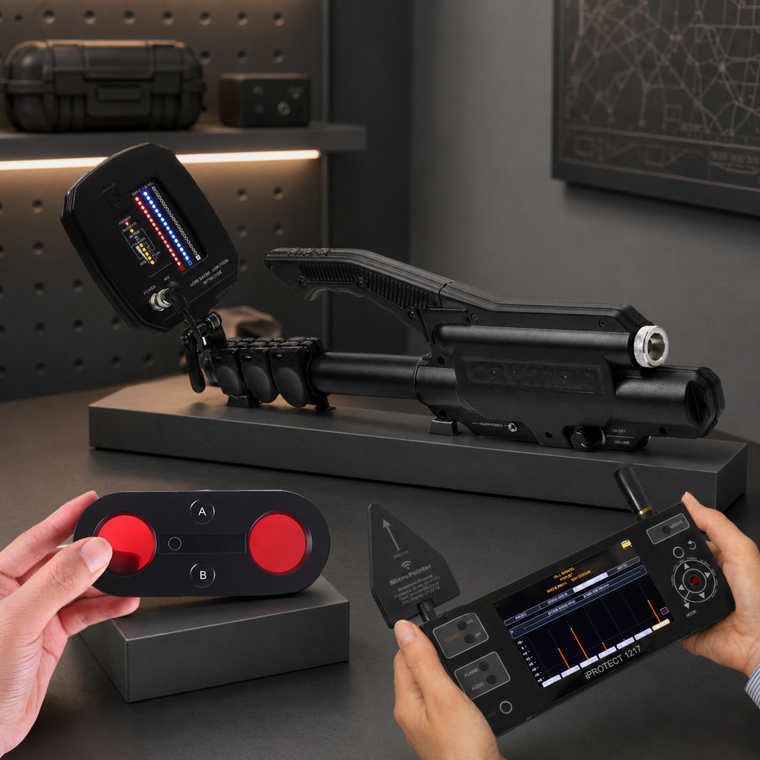 A handheld counter-surveillance detector being used to sweep a room
