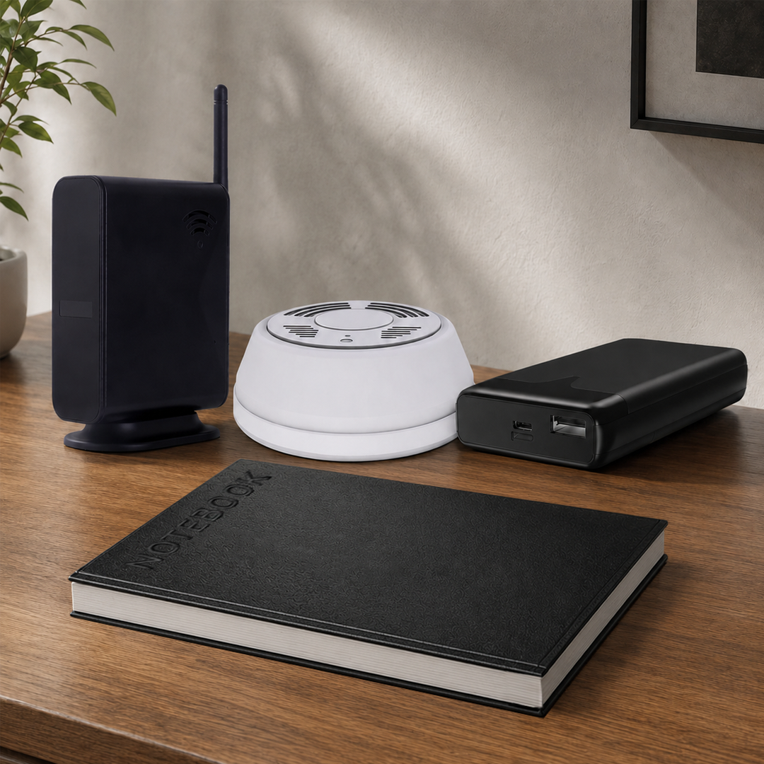 A router camera, smoke detector camera, power bank camera and notebook camera shown together
