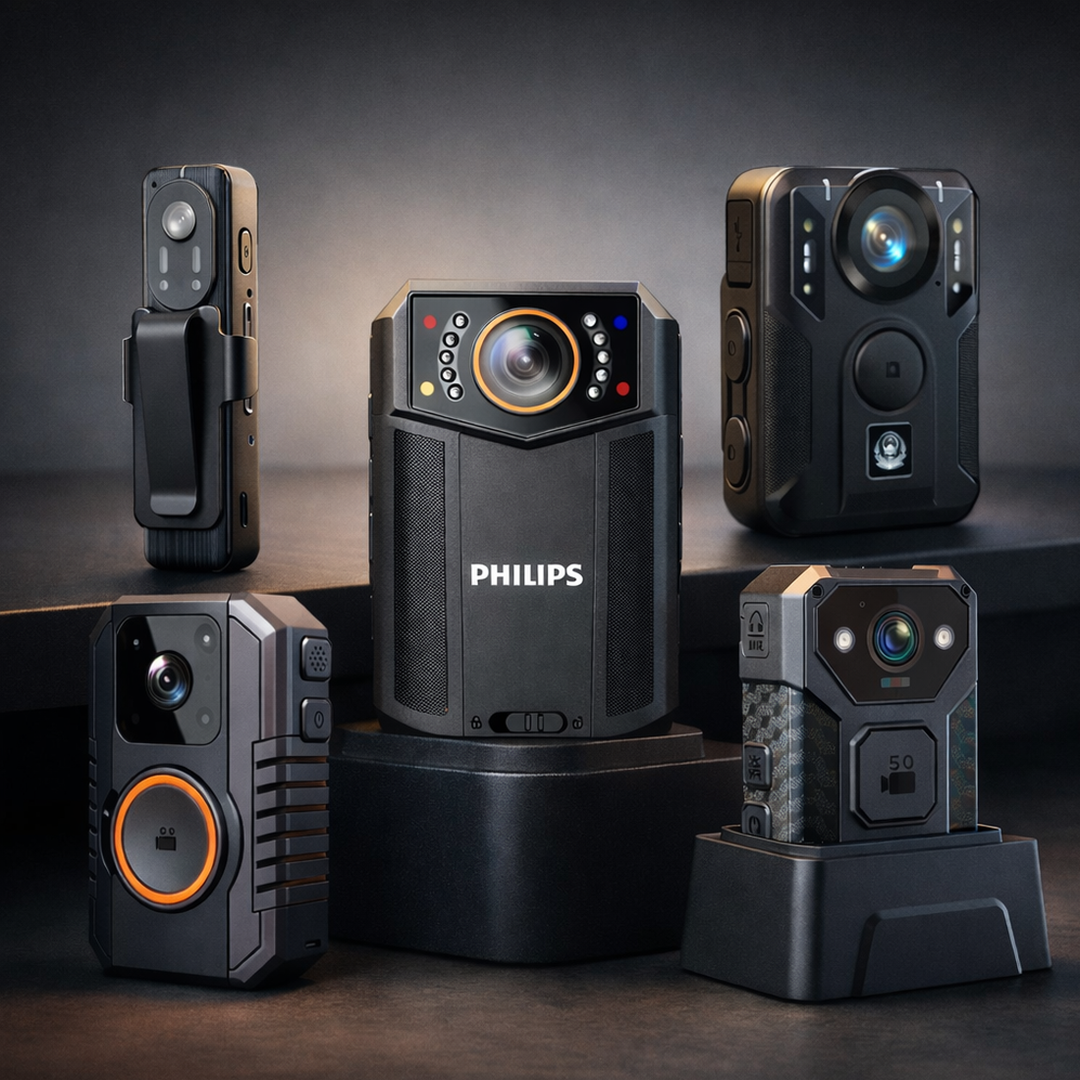 Five body worn camera models displayed together on a studio pedestal