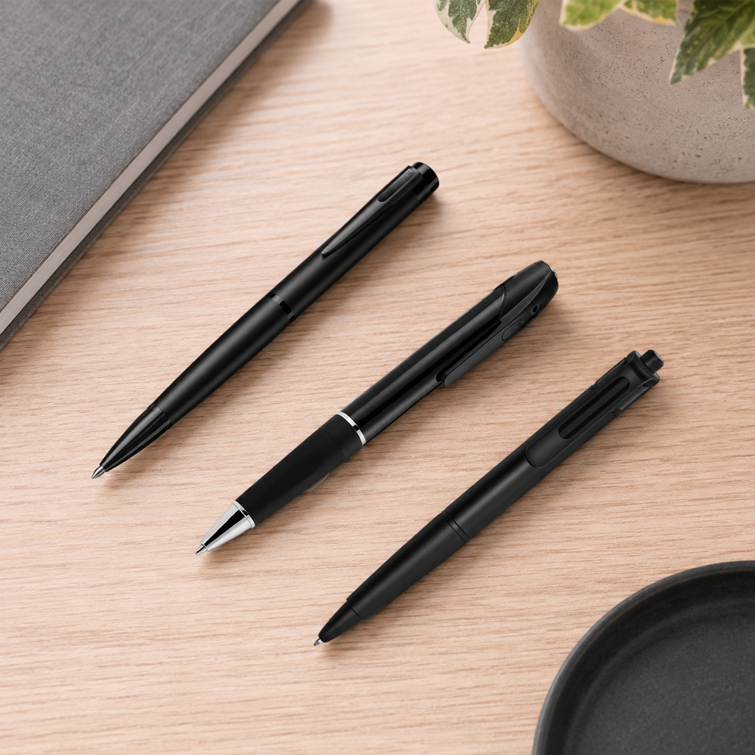 Three black pen cameras lying flat on a light wooden desk beside a grey notebook, plant pot and pen cup