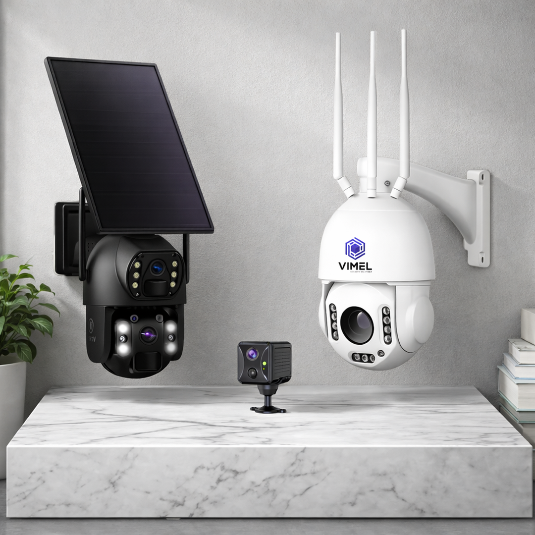 Three 4G security cameras displayed together, showing solar PTZ and mini models
