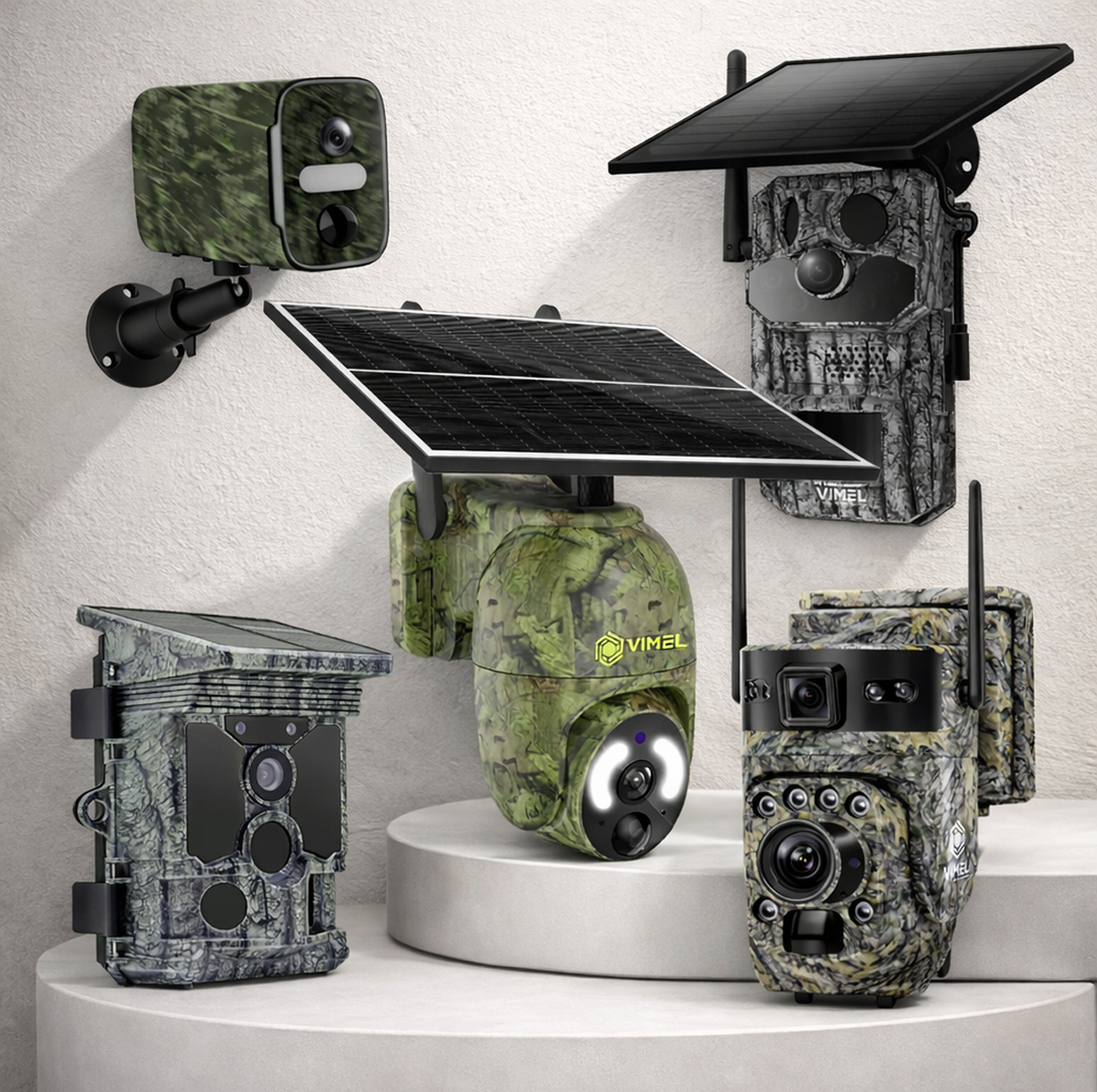 Five camouflage trail cameras displayed in a lineup