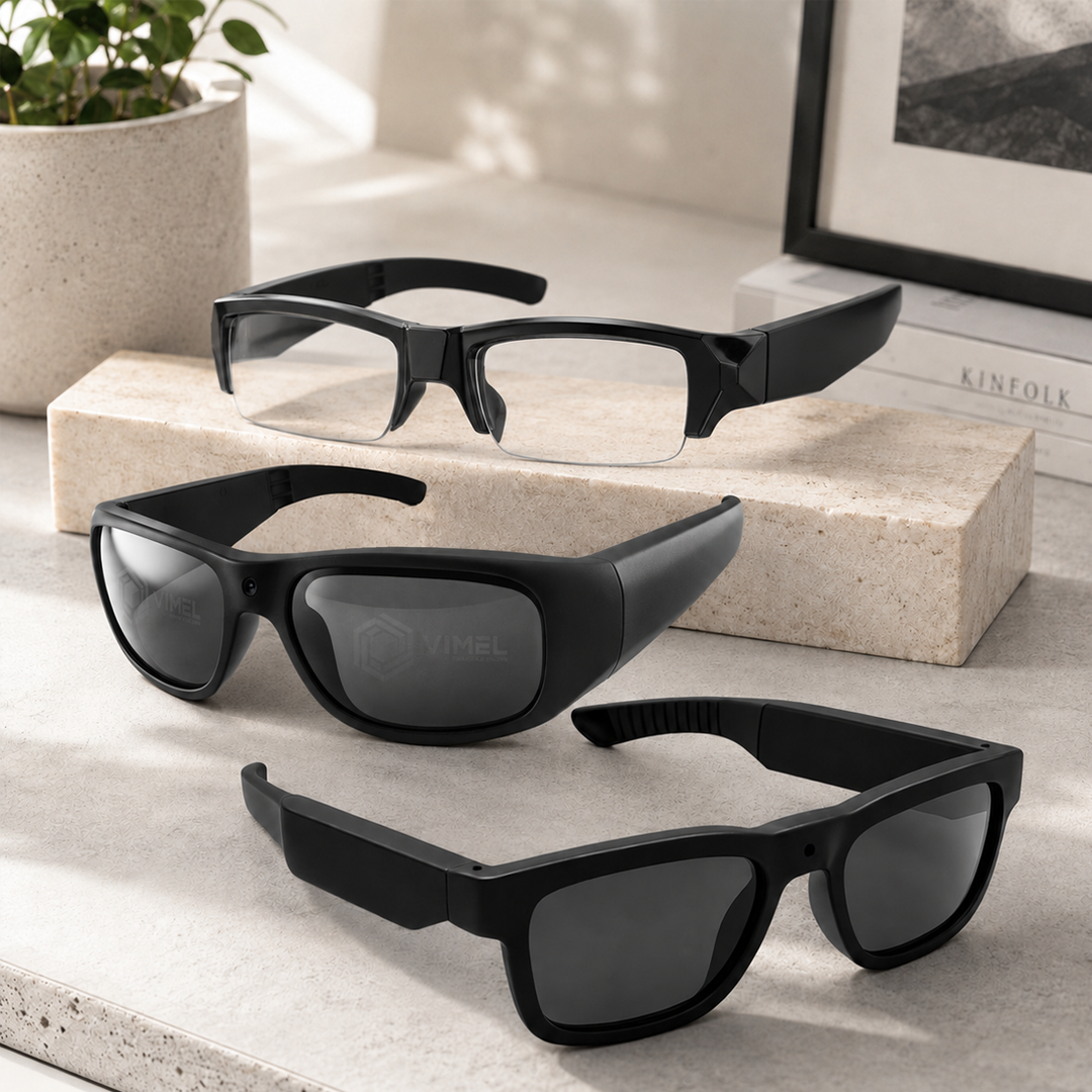 Three camera glasses models displayed together, showing clear and sunglass lenses