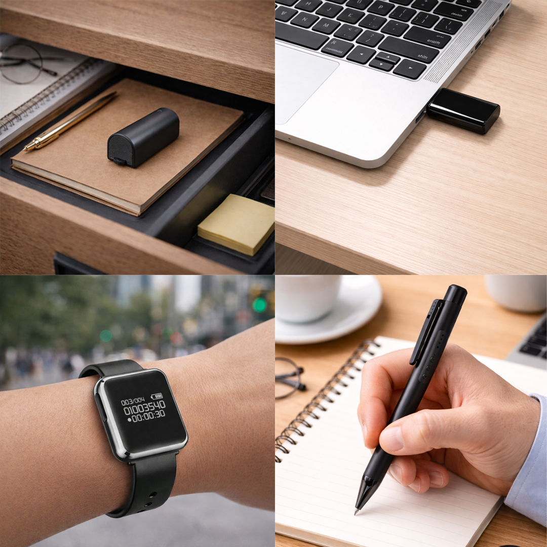 A power bank recorder, USB stick recorder, pen recorder and watch recorder shown together