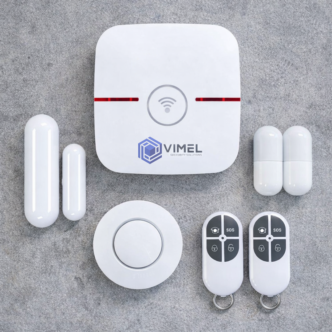An alarm hub laid out with door sensors and keyfobs