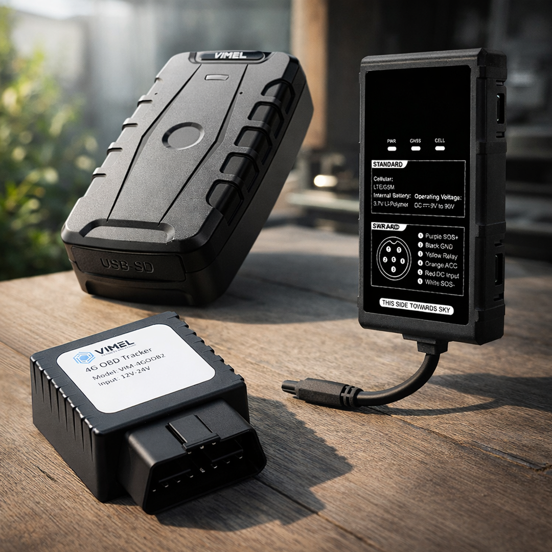 A set of Vimel GPS trackers including a USB and SD card device, an OBD2 plug in and hardwired modules