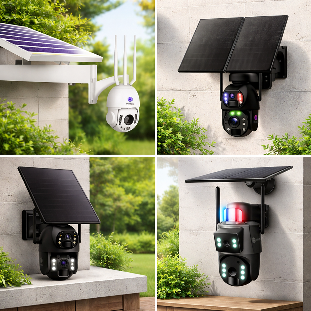 Group of Vimel solar 4G security cameras with their solar panels