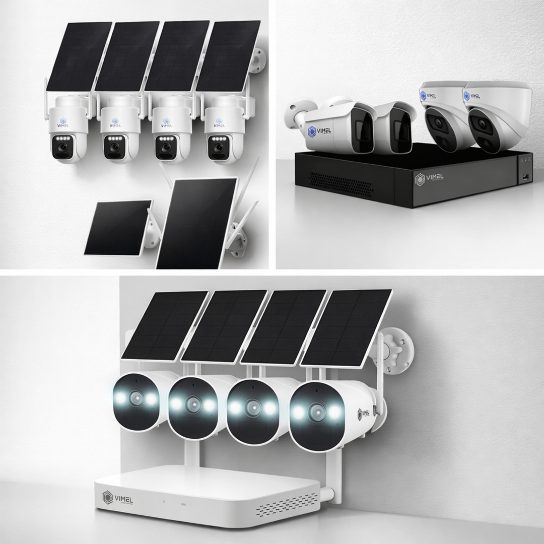 Vimel solar PTZ camera system shown with its solar panels and NVR kit