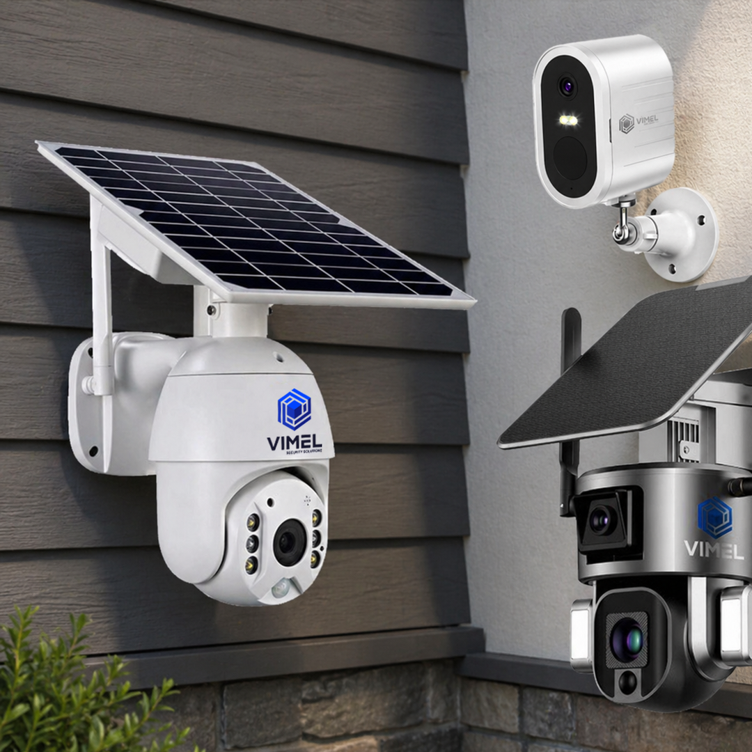 Vimel solar powered WiFi PTZ security camera with its solar panel on an exterior wall
