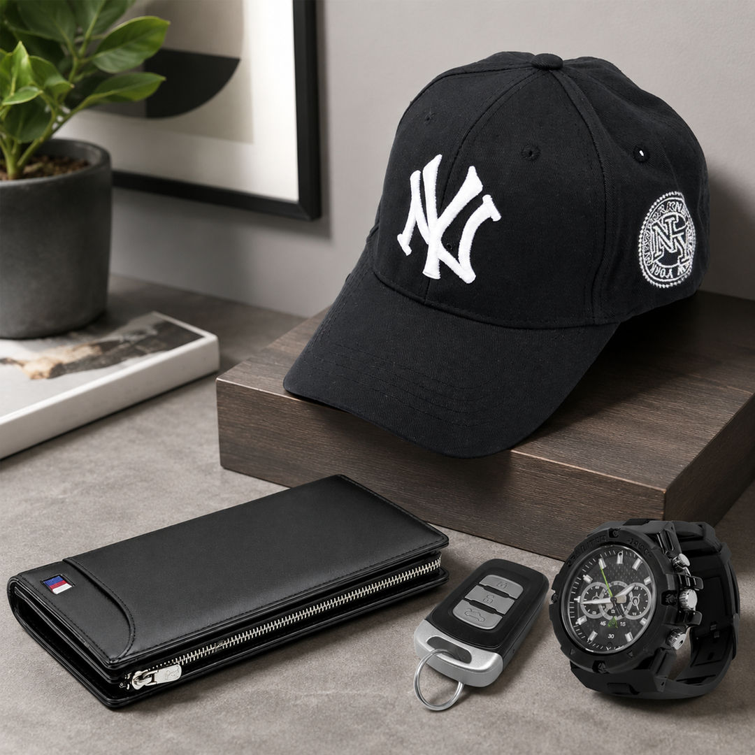 A cap camera, wallet camera, key fob camera and watch camera displayed together