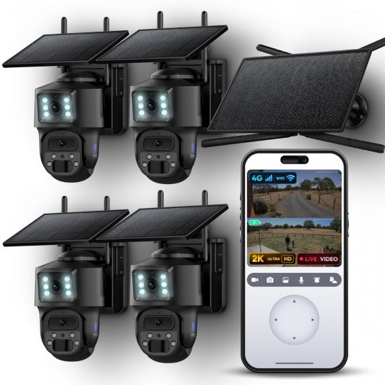 Off-Grid 4G Solar Security System - Single SIM, 4 Cameras 2K