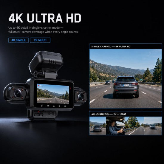 Radar-Monitoring 4-Channel Dash Cam with 4K, Rear Cam &amp; Hardwired
