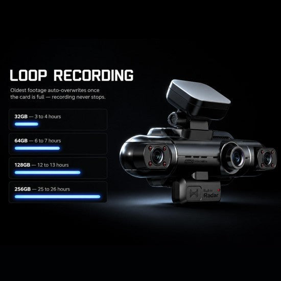Radar-Monitoring 4-Channel Dash Cam with 4K, Rear Cam &amp; Hardwired