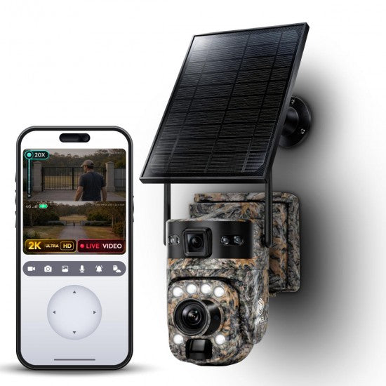 Camouflage 4G Solar Security Camera – 2K Dual Lens, 20X Optical