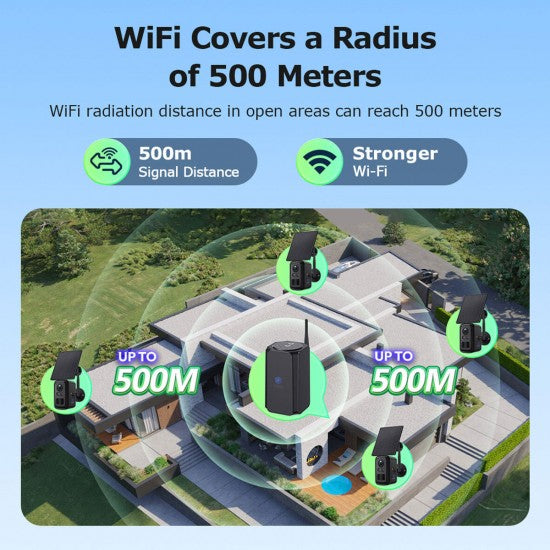 Long Range Solar Security System - 500m WiFi Hub, 4 Cameras 2K