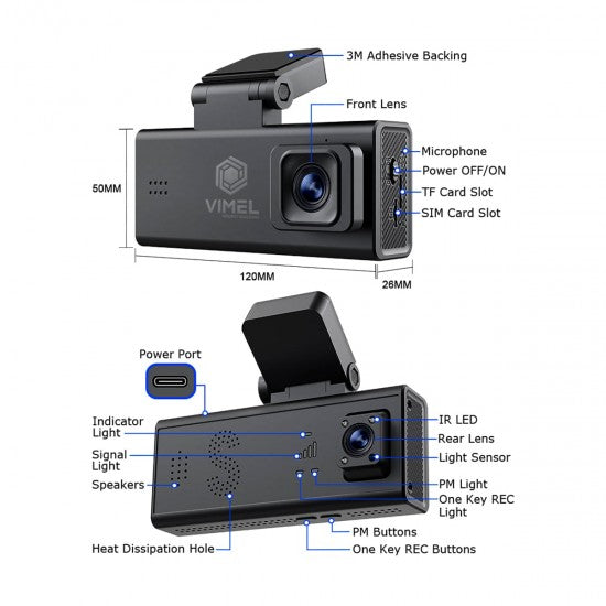 Dual Dash Cam 2K Front Rear 4G GPS Parking Security