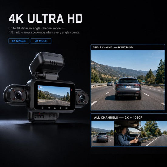 Radar-Monitoring Triple-Channel Dash Cam with 4K Hardwired Parking