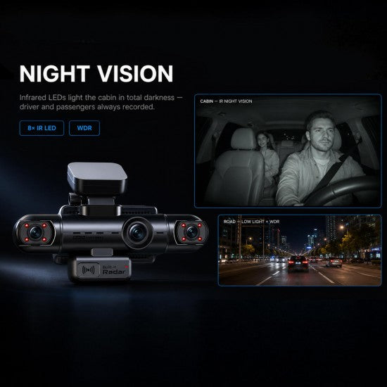 Radar-Monitoring Triple-Channel Dash Cam with 4K Hardwired Parking