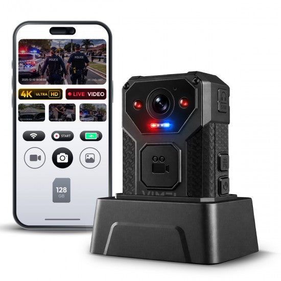 WiFi Body Worn Camera 4K - 128GB Memory, Pre-Record Buffer